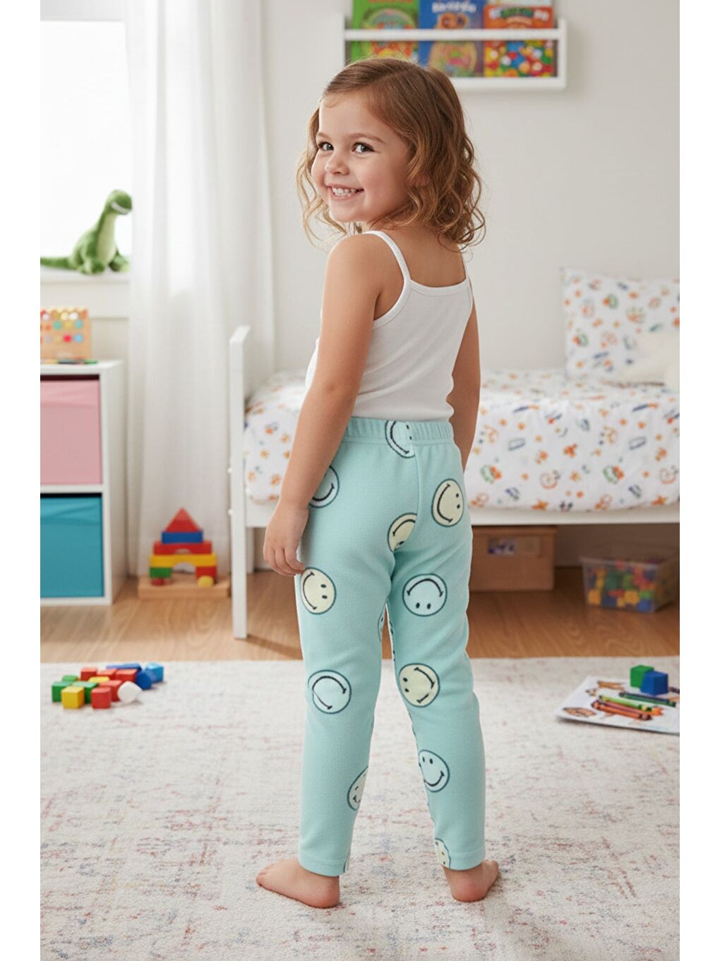 Turkuaz Gülen Yüz Desenli Polar Unisex Çocuk Pijama Altı-1