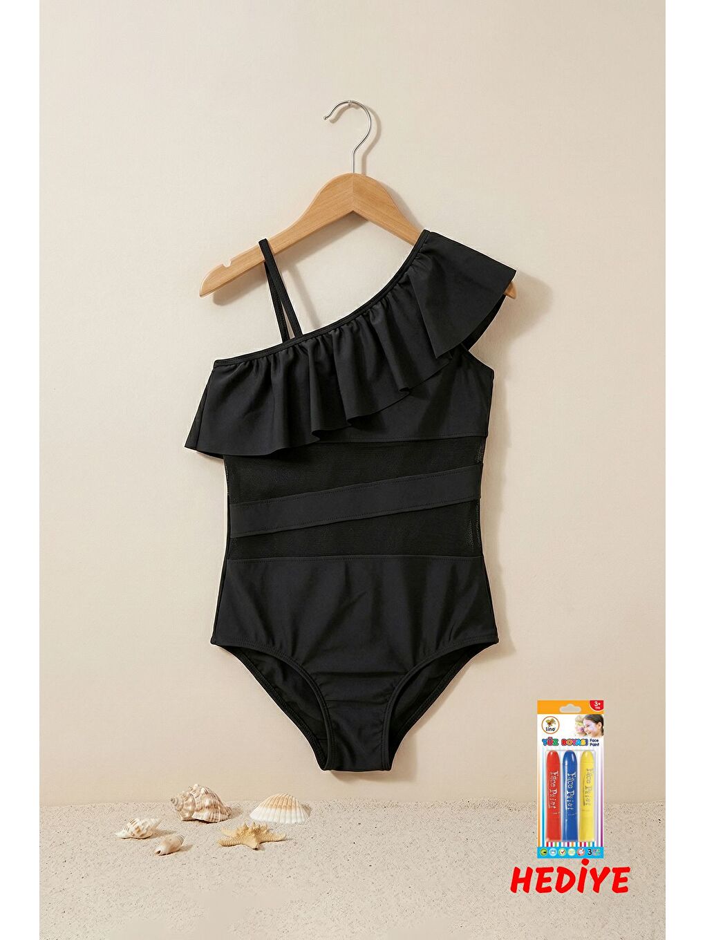 Siyah Renk Kız Çocuk Tül Detaylı Mayo