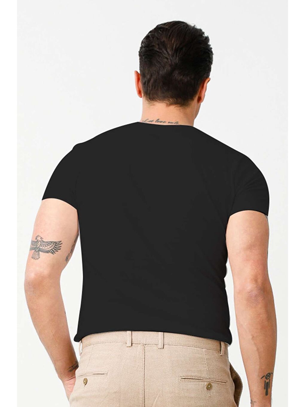 Siyah Dar Kalıp Bisiklet Yaka Düz Kısa Kollu  %100 Pamuk Tişört-1