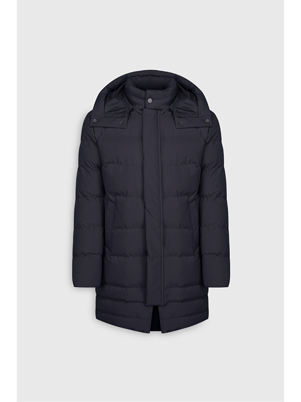 Erkek Lacivert Standart Fit Normal Kesim Çıkma Kapüşon Dik Yaka Yan Cepli Kaban-8