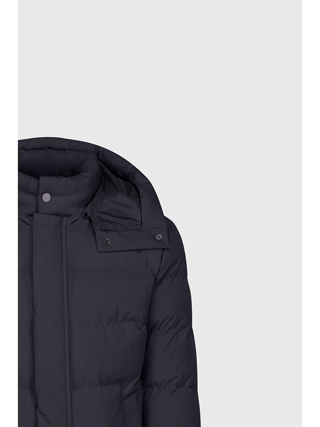 Erkek Lacivert Standart Fit Normal Kesim Çıkma Kapüşon Dik Yaka Yan Cepli Kaban-9