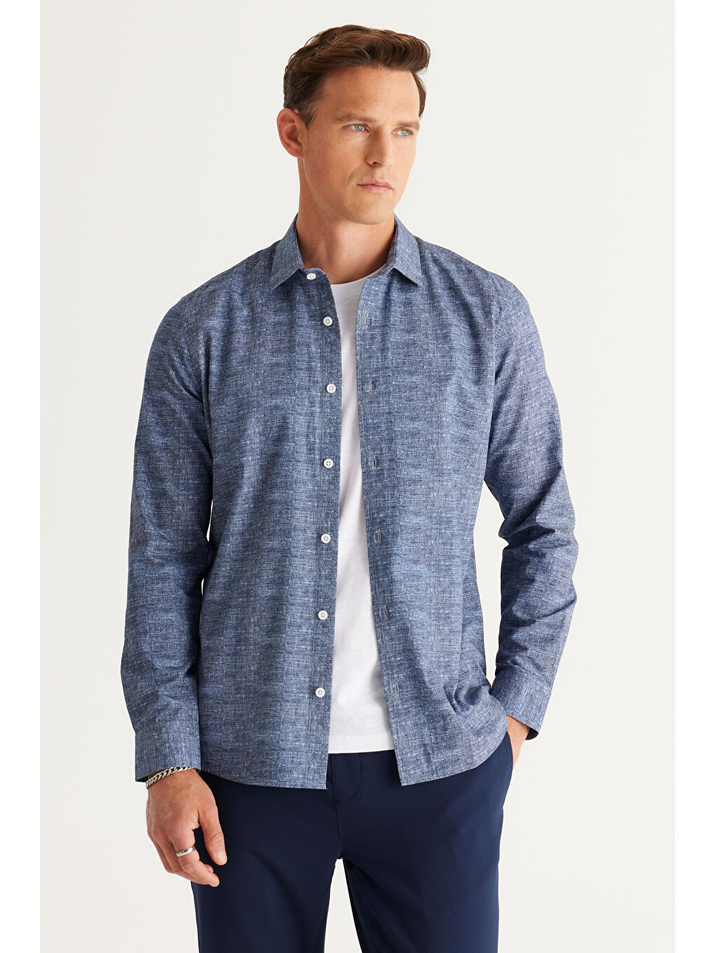 Erkek Lacivert Slim Fit Dar Kesim Klasik Yaka %100 Pamuk Baskılı Gömlek