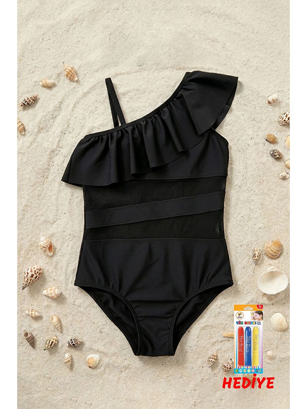 Siyah Renk Kız Çocuk Tül Detaylı Mayo-1