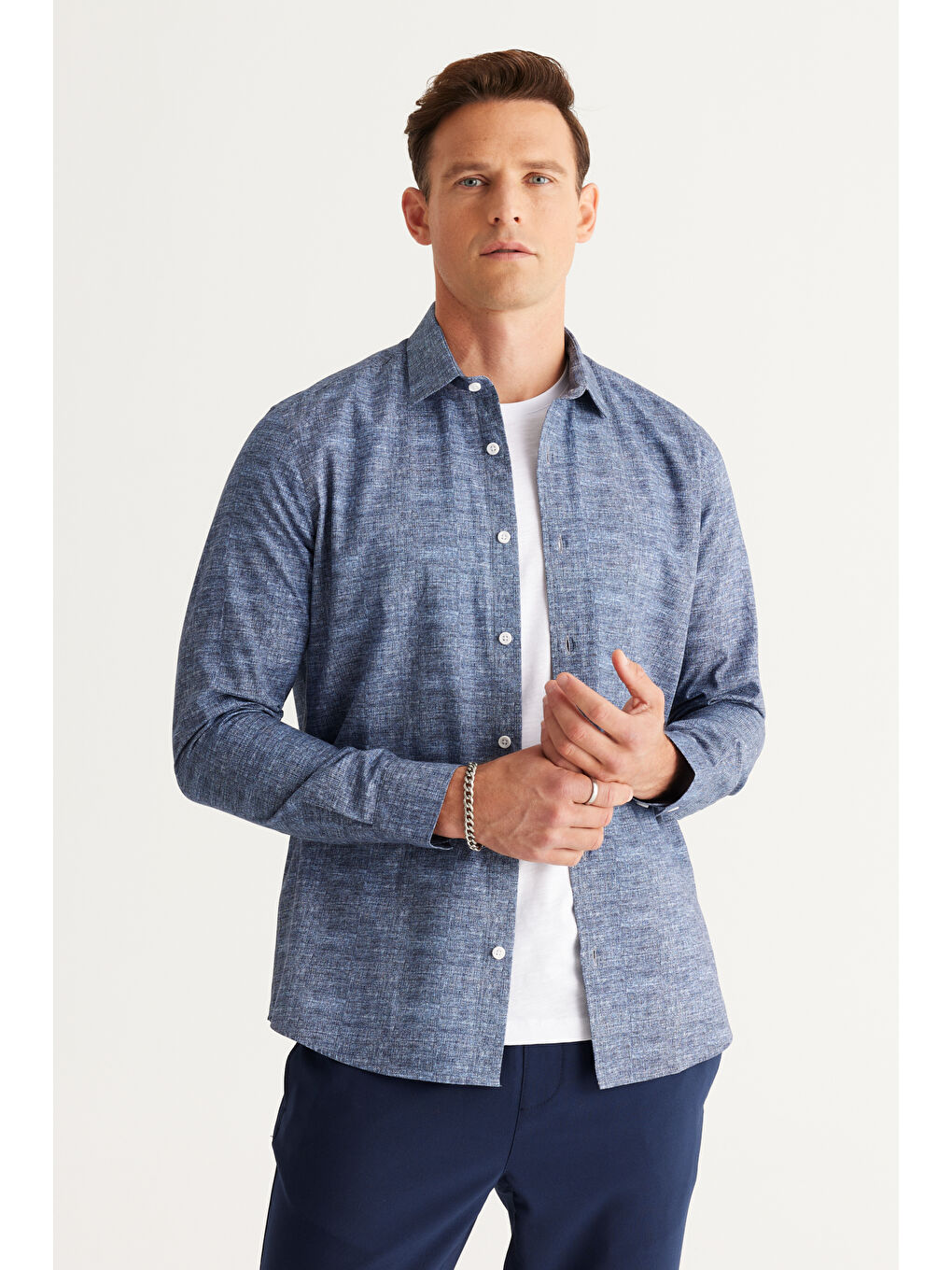 Erkek Lacivert Slim Fit Dar Kesim Klasik Yaka %100 Pamuk Baskılı Gömlek-1