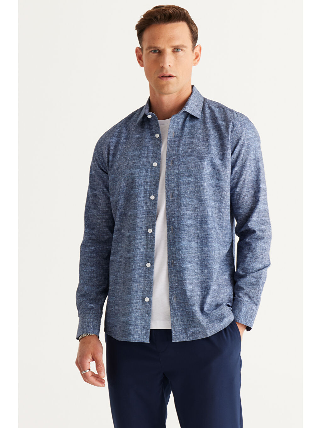 Erkek Lacivert Slim Fit Dar Kesim Klasik Yaka %100 Pamuk Baskılı Gömlek-2