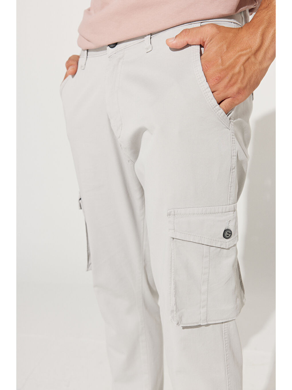 Bej Erkek Taş Slim Fit Dar Kesim Kargo Cepli Pamuklu Esnek Pantolon-2
