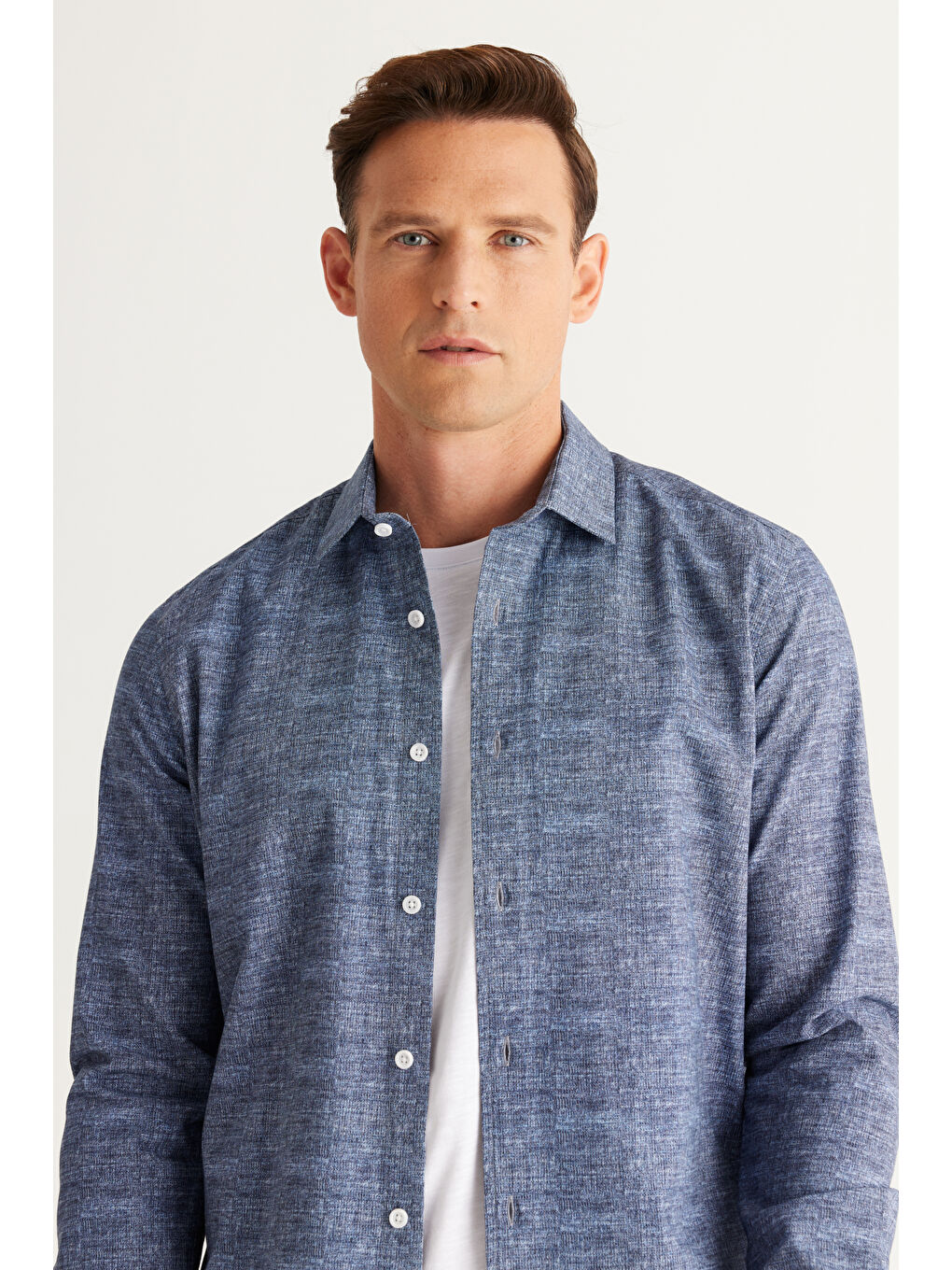 Erkek Lacivert Slim Fit Dar Kesim Klasik Yaka %100 Pamuk Baskılı Gömlek-3