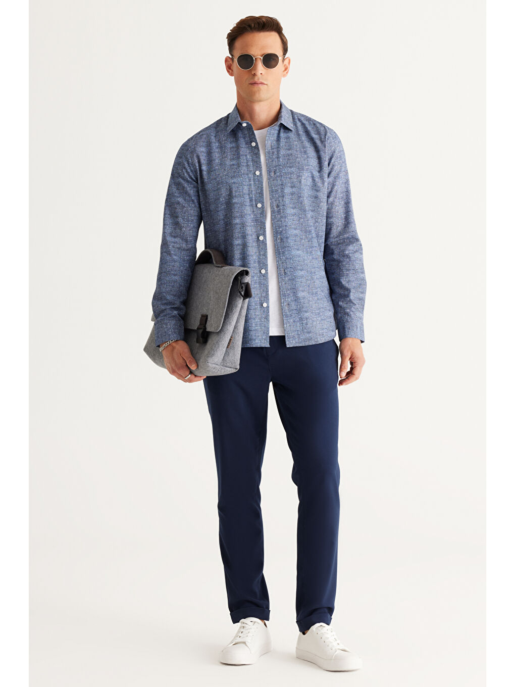 Erkek Lacivert Slim Fit Dar Kesim Klasik Yaka %100 Pamuk Baskılı Gömlek-4