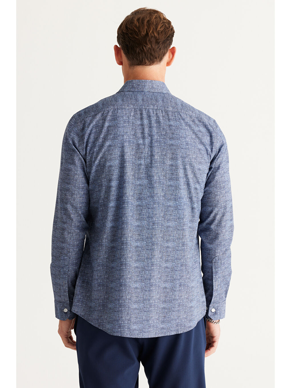 Erkek Lacivert Slim Fit Dar Kesim Klasik Yaka %100 Pamuk Baskılı Gömlek-5