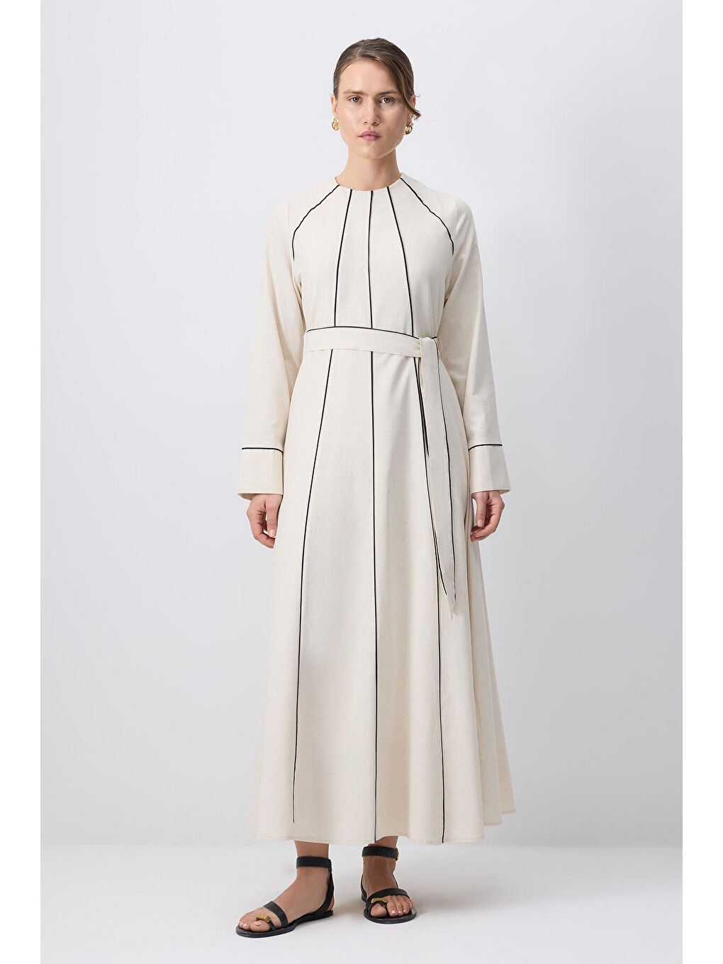 Bej Kontrast Biyeli Elbise