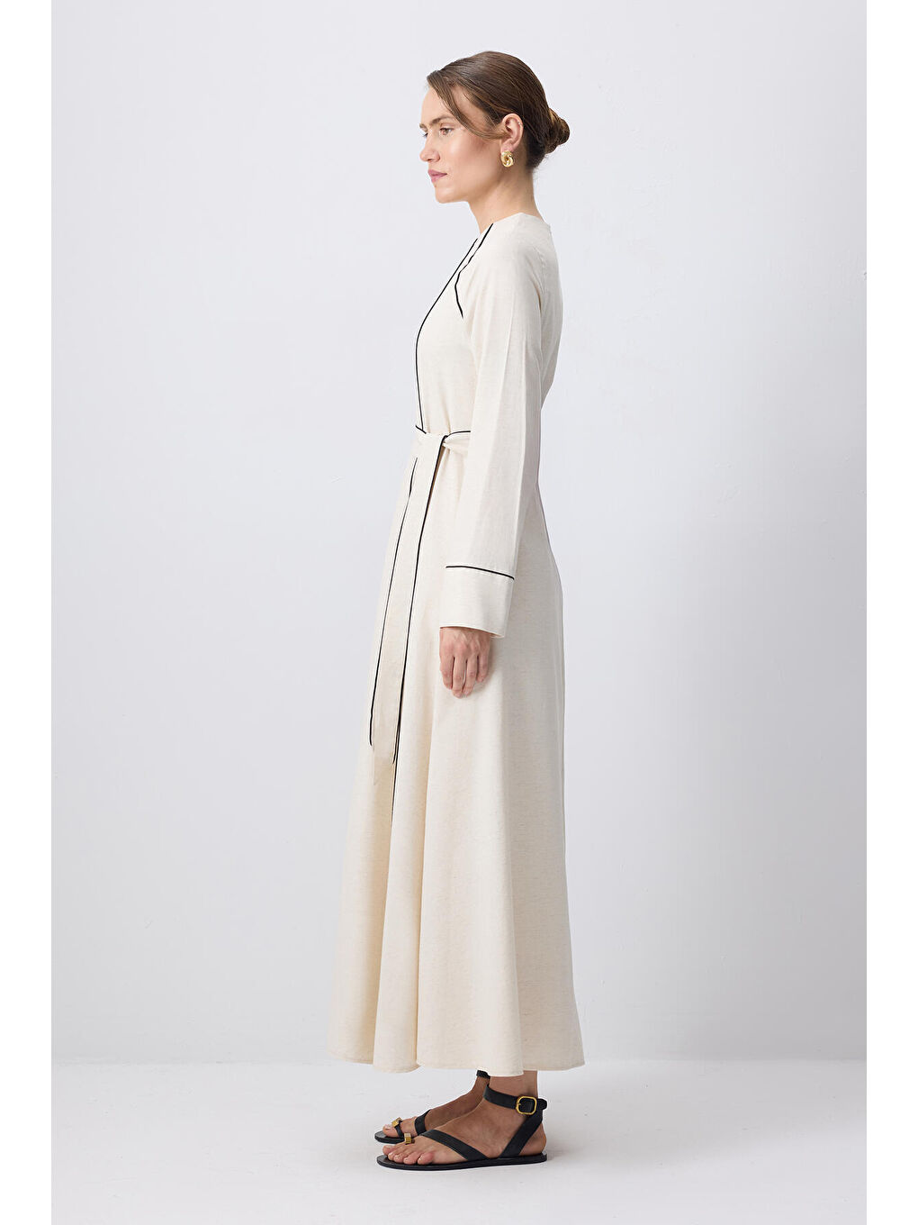 Bej Kontrast Biyeli Elbise-3