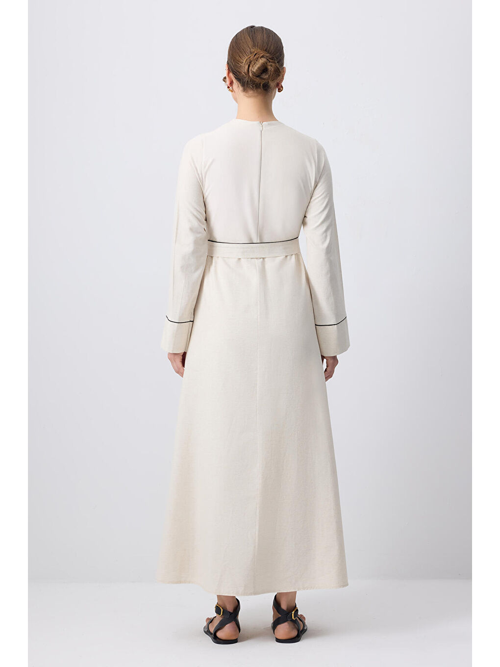 Bej Kontrast Biyeli Elbise-4