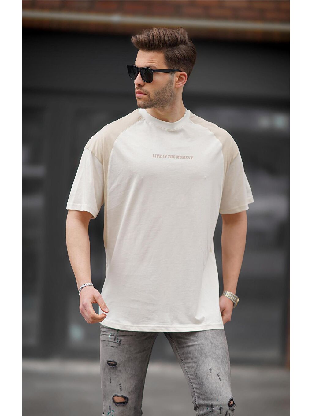Madmext Ekru Bisiklet Yaka Oversize Tişört 7002