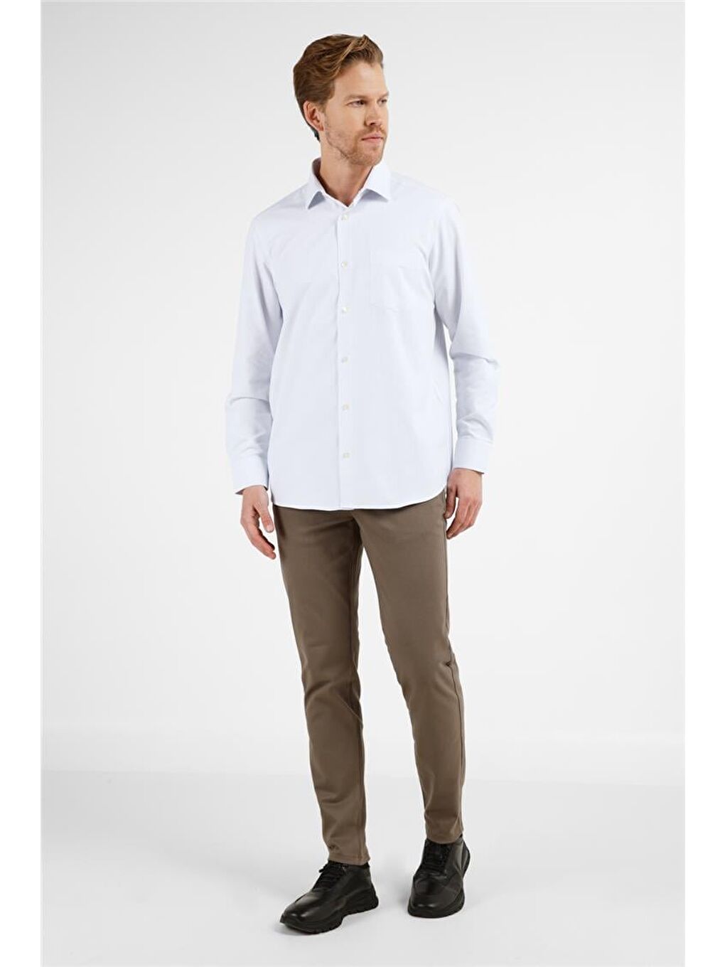 Lila Beyaz Kendinden Desenli Sert Yaka Uzun Kol Cepli Comfort Fit Pamuklu Gömlek 1004255226