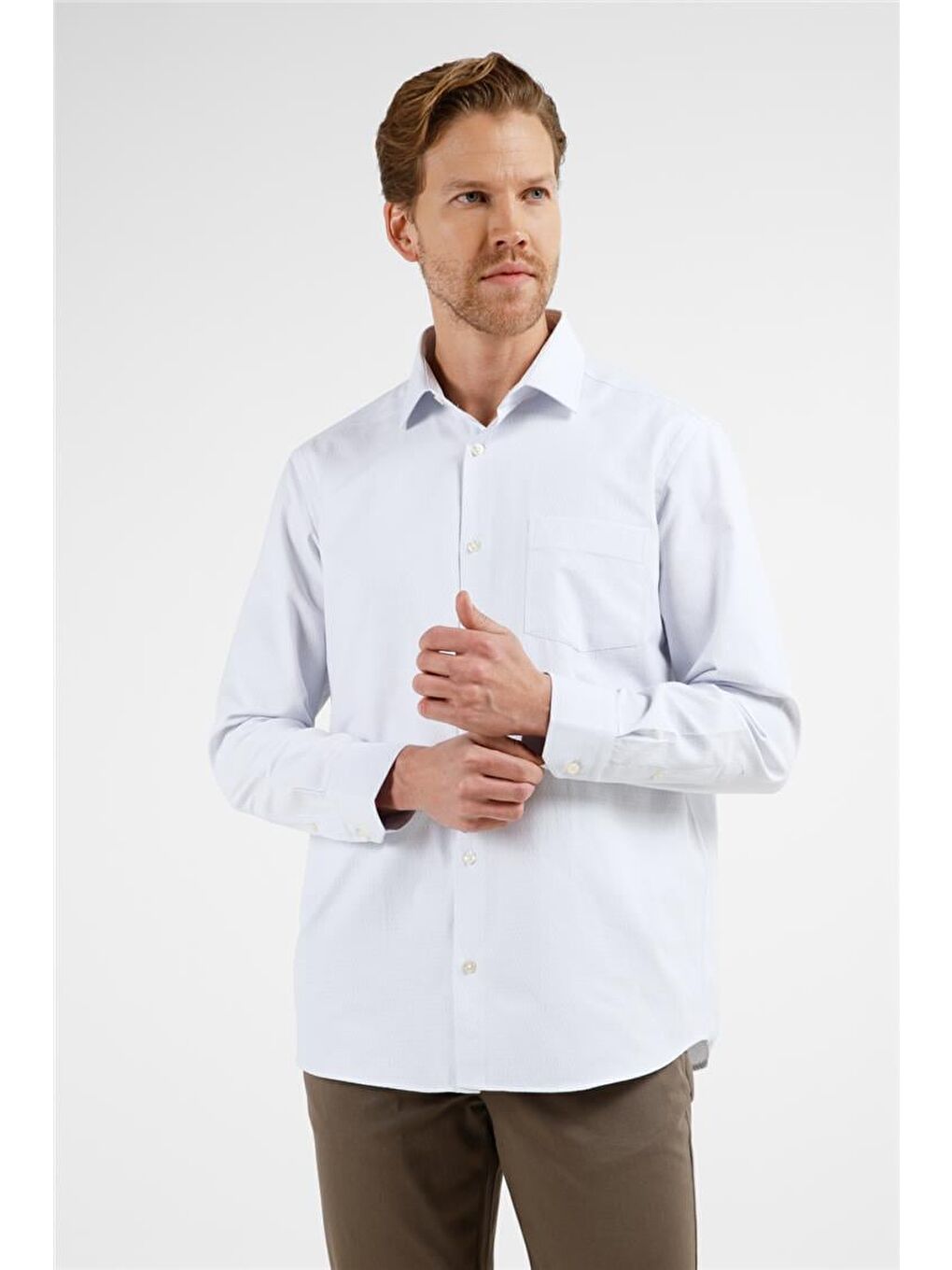 Lila Beyaz Kendinden Desenli Sert Yaka Uzun Kol Cepli Comfort Fit Pamuklu Gömlek 1004255226-2