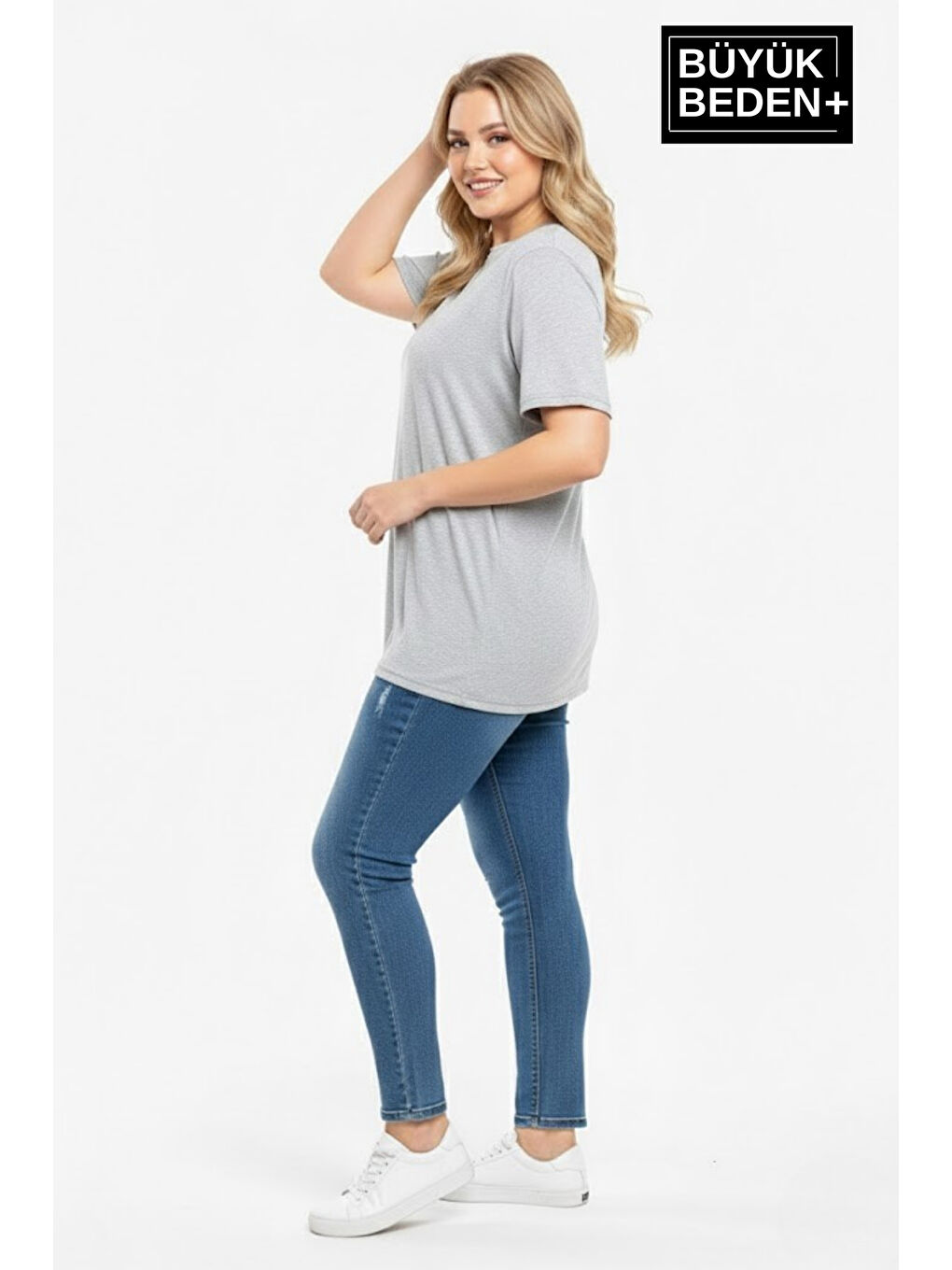Gri Büyük Beden Kadın Basic Tişört – Pamuklu Düz T-Shirt 3XL-6XL SPR26BTSK10-3