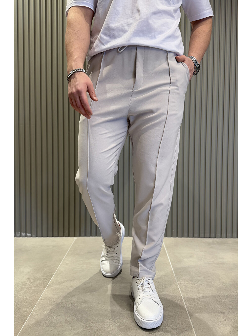 Bej Erkek Bel Lastikli Çimalı Jogger Pantolon