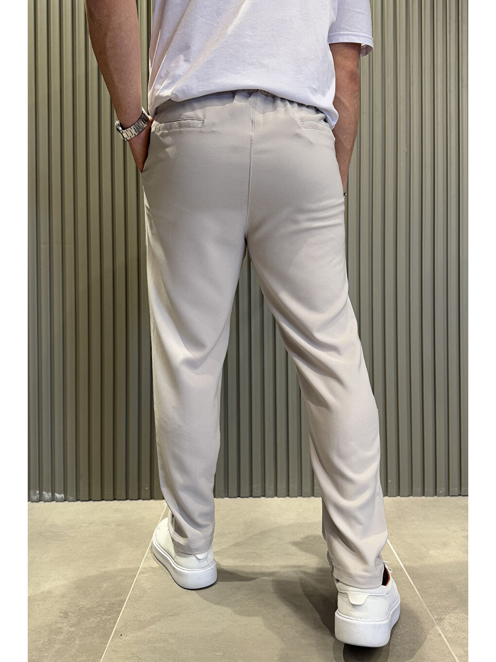 Bej Erkek Bel Lastikli Çimalı Jogger Pantolon-3