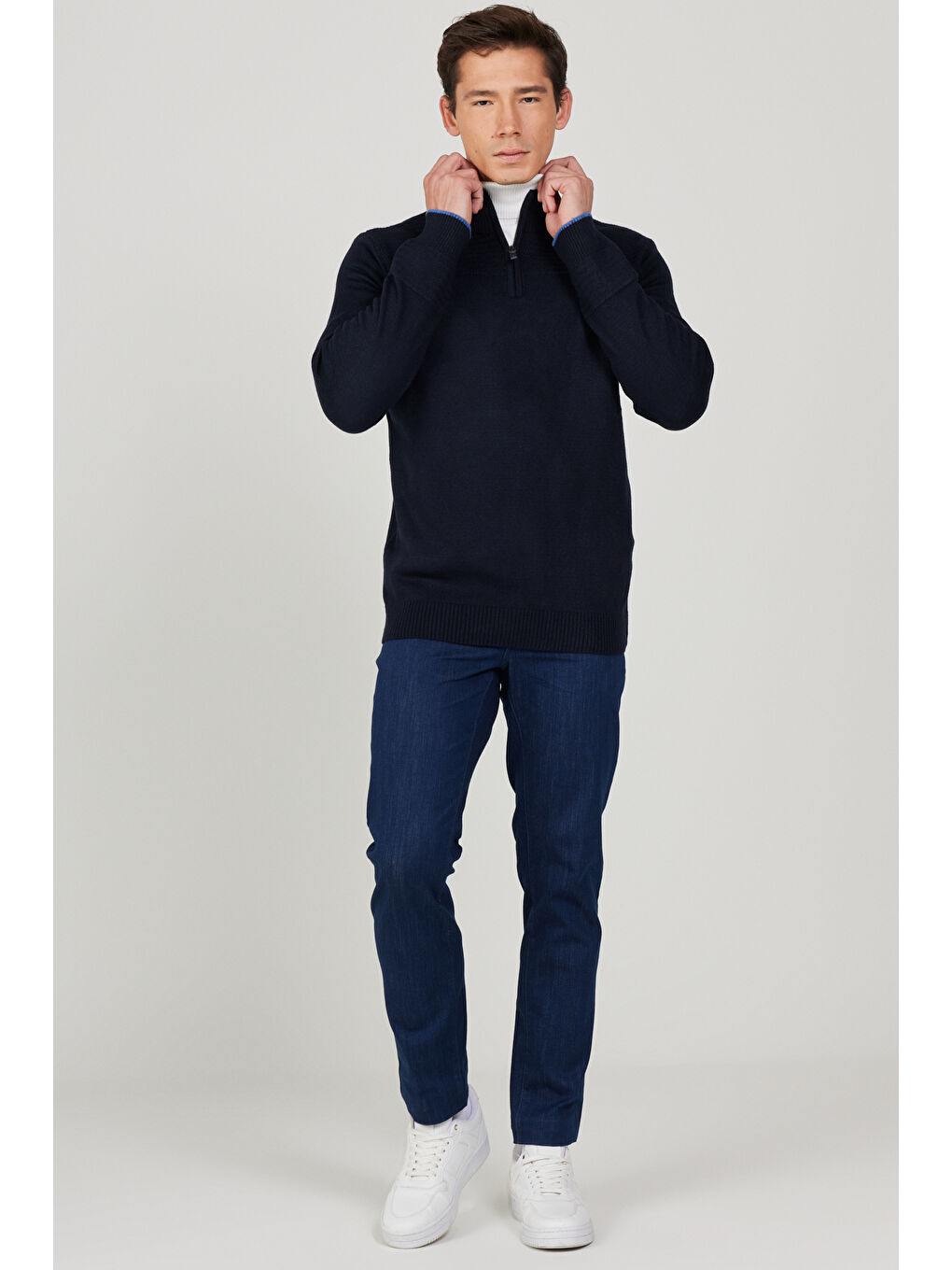 Erkek Lacivert Standart Fit Normal Kesim Bato Yaka Desenli Triko Kazak-1