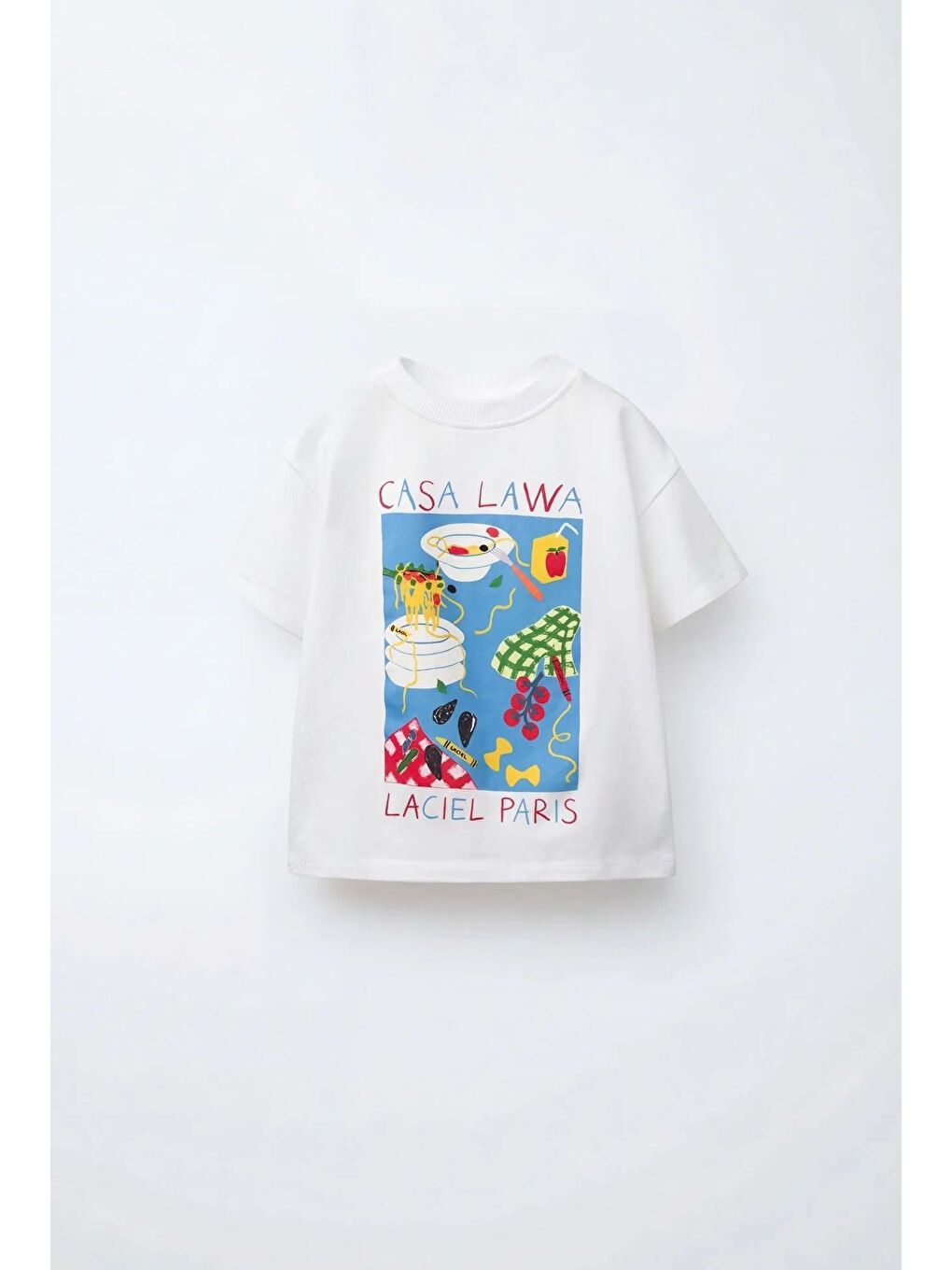 Beyaz Kız Çocuk Pamuklu Ekru Baskılı Tişört Mavi Pötikare Eşofman Takım-1