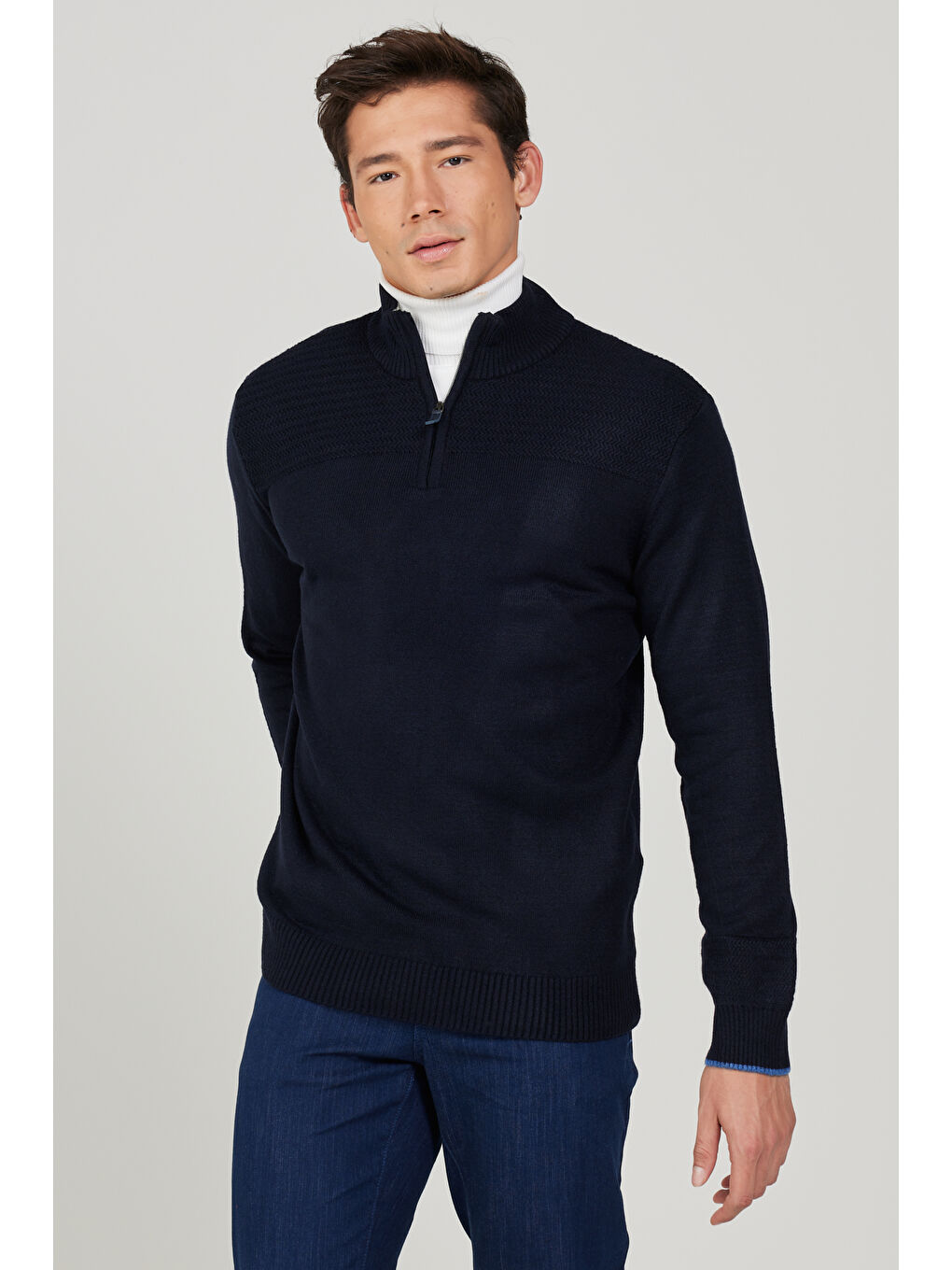 Erkek Lacivert Standart Fit Normal Kesim Bato Yaka Desenli Triko Kazak-2