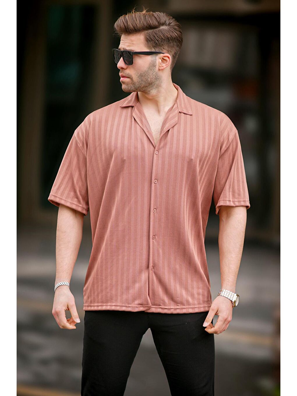 Kahverengi Kiremit Çizgili Kısa Kollu Erkek Gömlek 6738