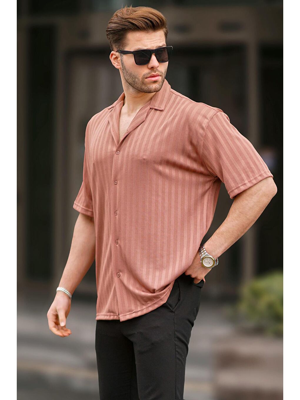 Kahverengi Kiremit Çizgili Kısa Kollu Erkek Gömlek 6738-1