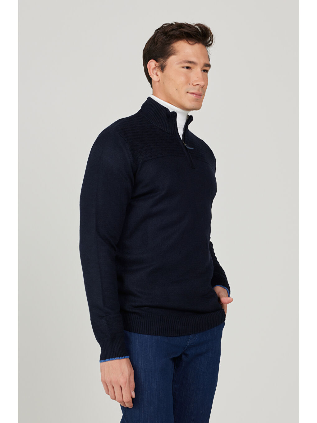 Erkek Lacivert Standart Fit Normal Kesim Bato Yaka Desenli Triko Kazak-3