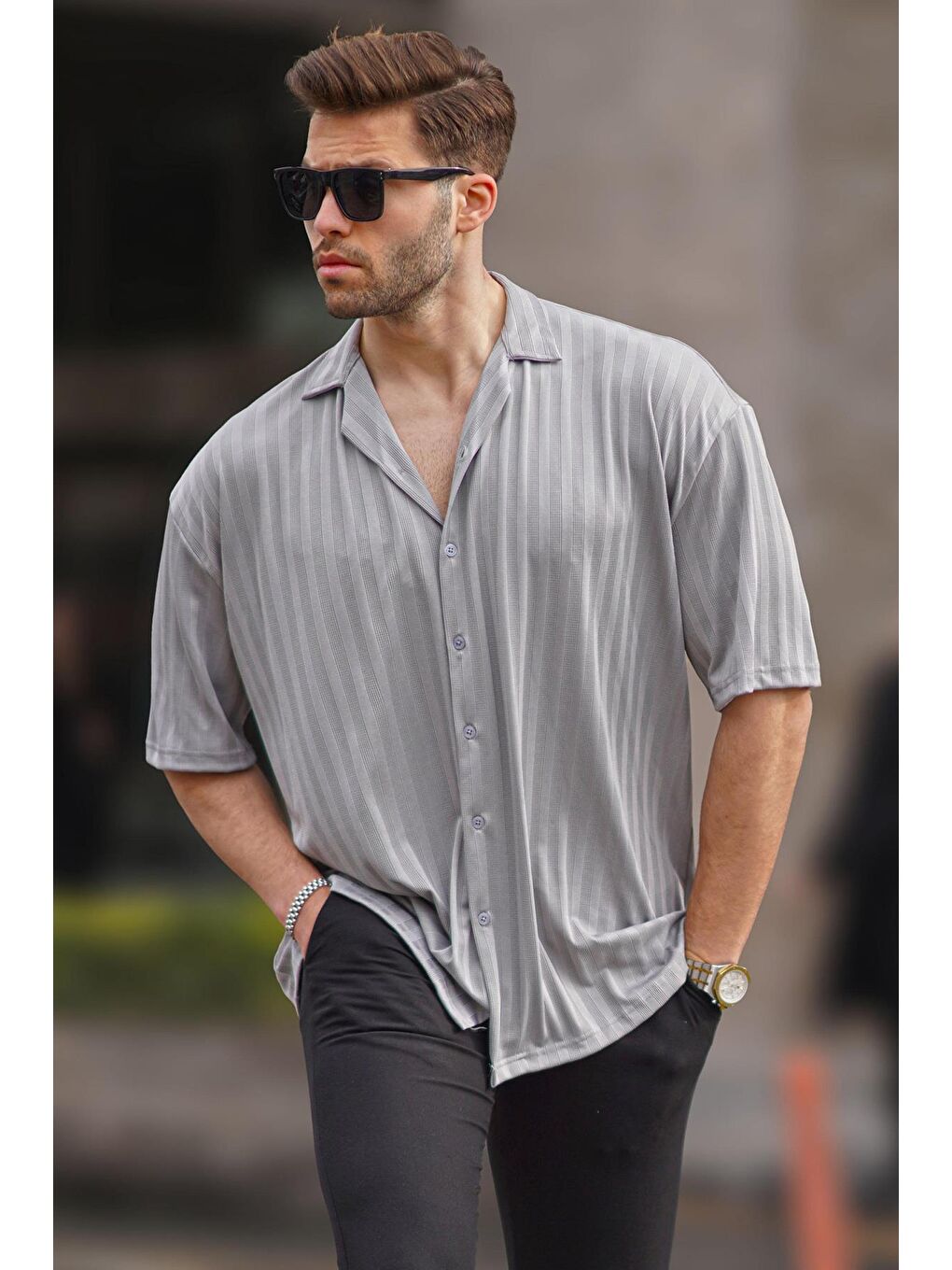 Boyalı Gri Çizgili Kısa Kollu Erkek Gömlek 6738