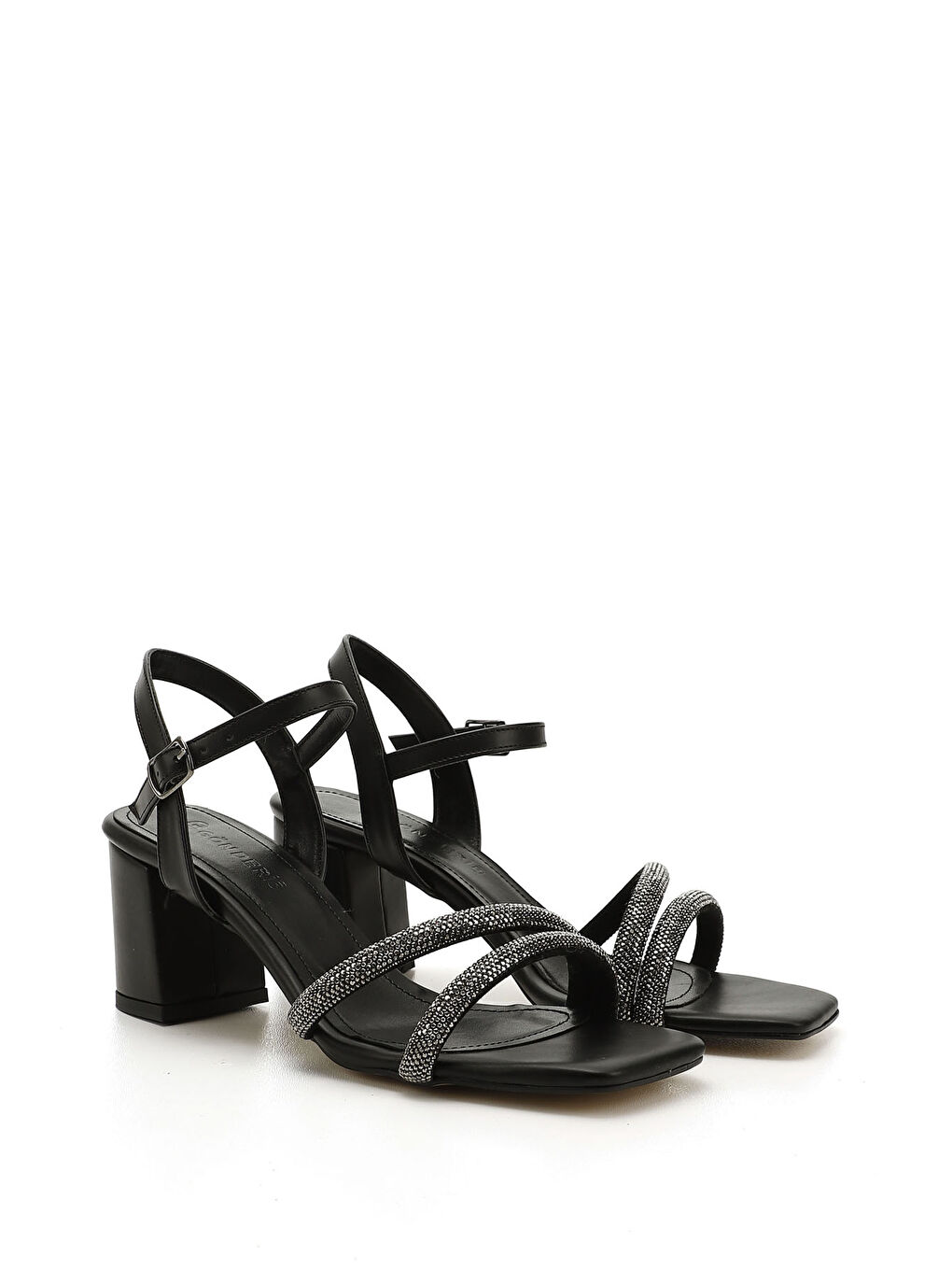 Siyah Kadın SİYAH-TAŞ Bilekten Bağlı Orta Kalın Topuklu Çift Bantlı Sandalet-3