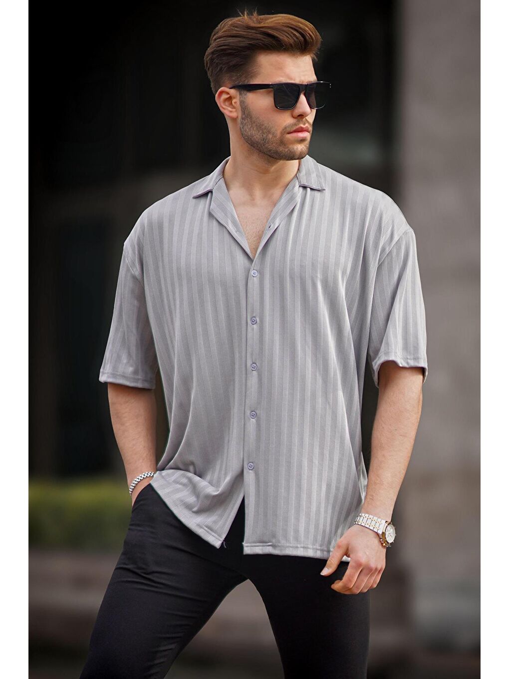 Boyalı Gri Çizgili Kısa Kollu Erkek Gömlek 6738-1