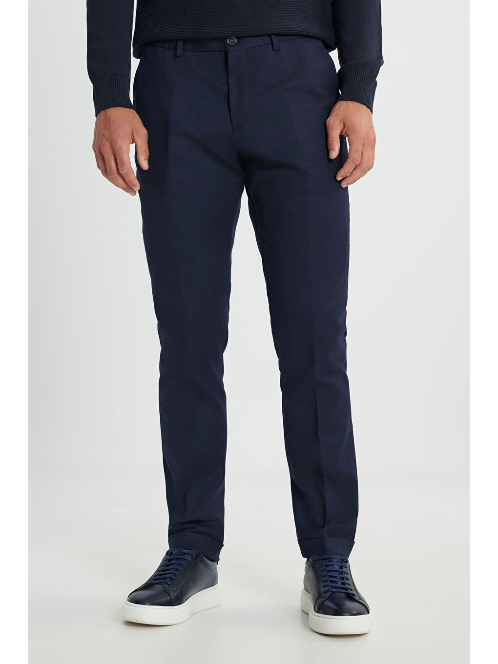 Erkek Lacivert Yünlü Flanel Slim Fit Dar Kesim Beli Gizli Lastikli Yan Cep Klasik Pantolon-1