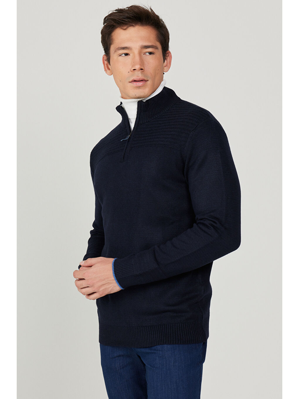 Erkek Lacivert Standart Fit Normal Kesim Bato Yaka Desenli Triko Kazak-4