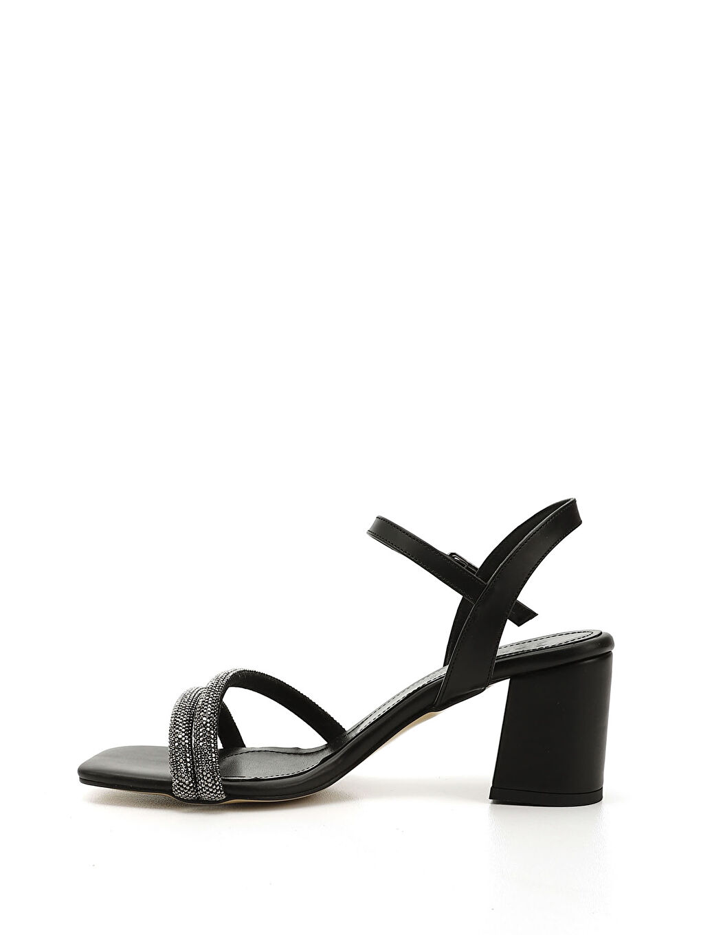 Siyah Kadın SİYAH-TAŞ Bilekten Bağlı Orta Kalın Topuklu Çift Bantlı Sandalet-4