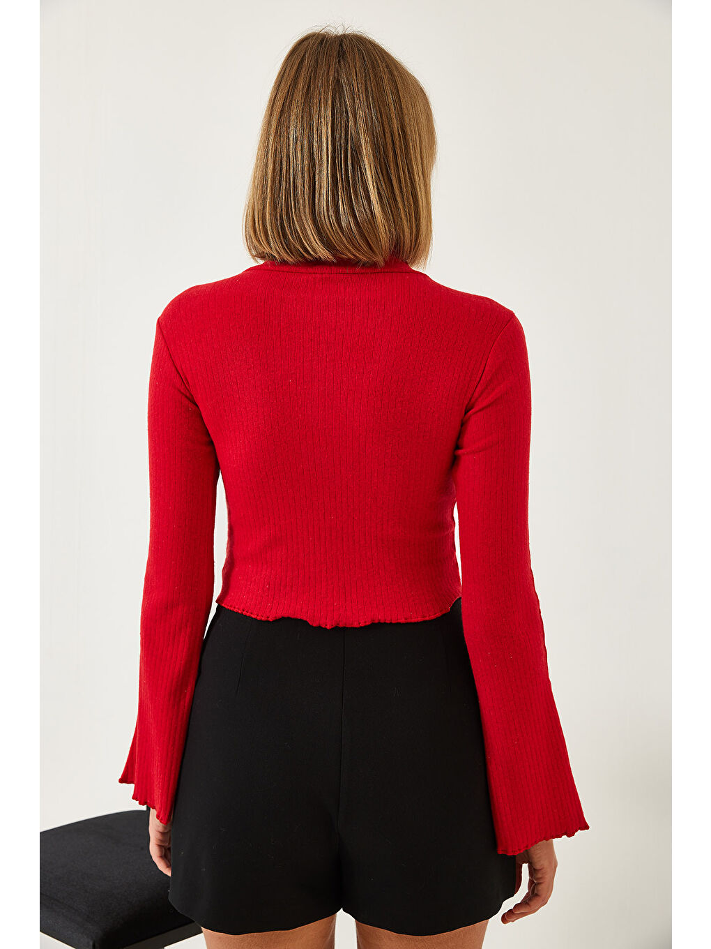 Kırmızı Kadın Yarım Balıkçı Yaka Bluz-5