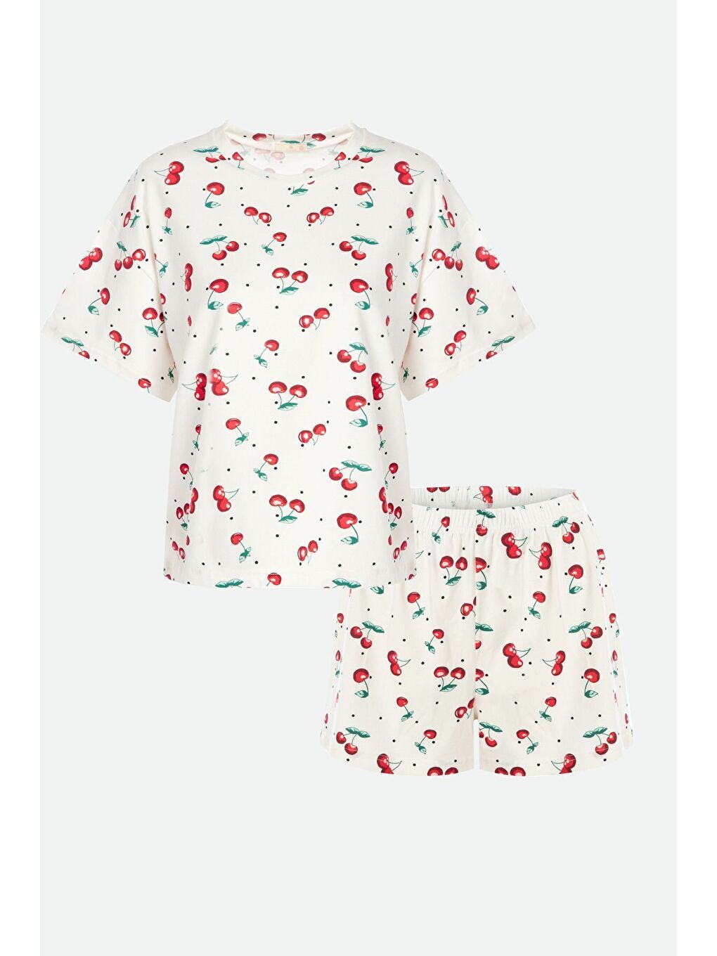Mercan Kadın Kiraz Desenli Kısa Kollu Şortlu Pijama Takımı