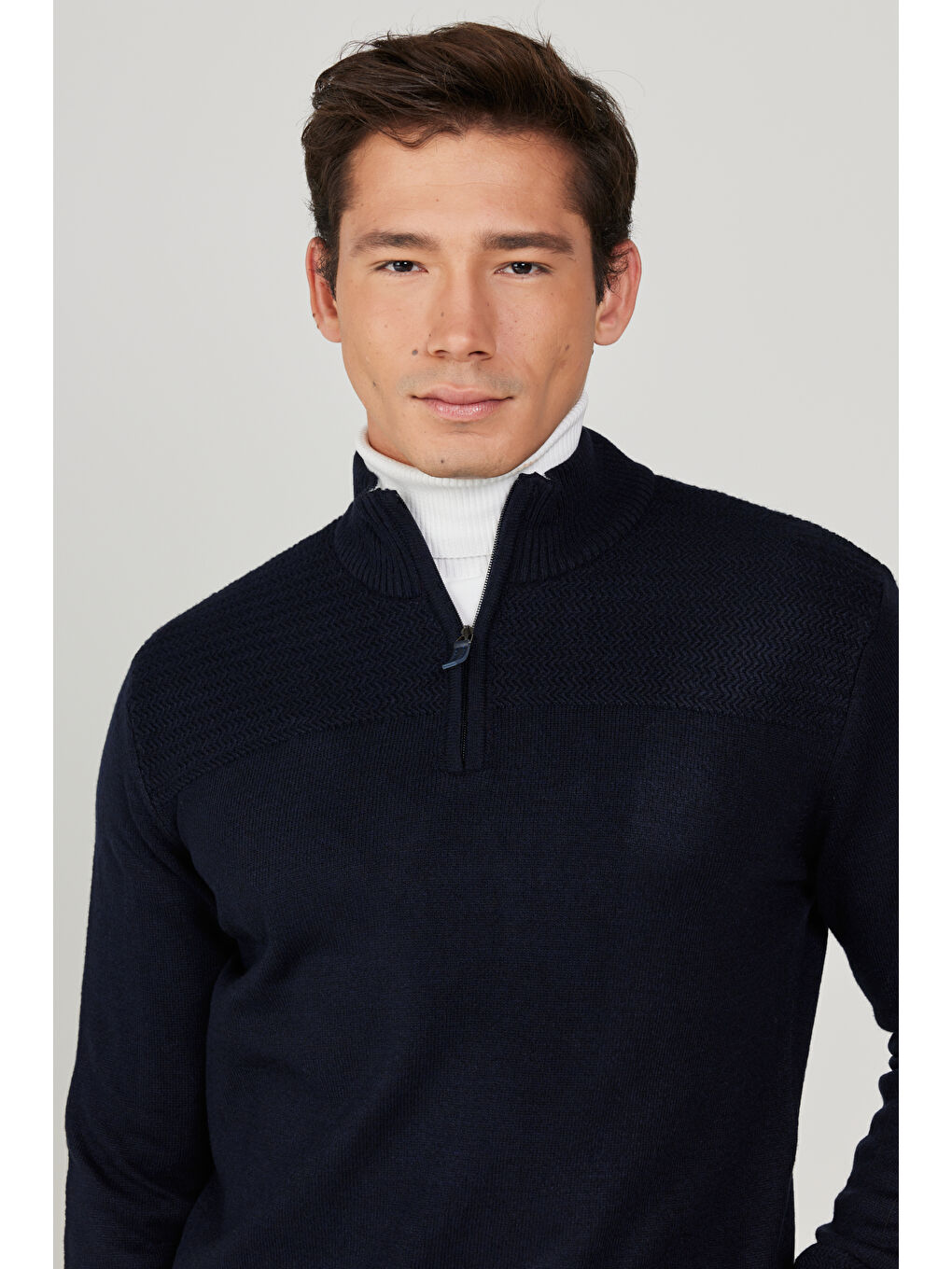 Erkek Lacivert Standart Fit Normal Kesim Bato Yaka Desenli Triko Kazak-5