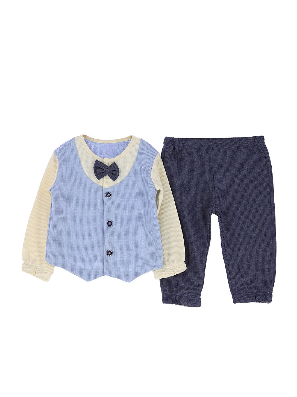 Mavi Erkek Bebek %100 Waffle Pamuk Kumaş 2'li Takım - 6/24 Ay-12478