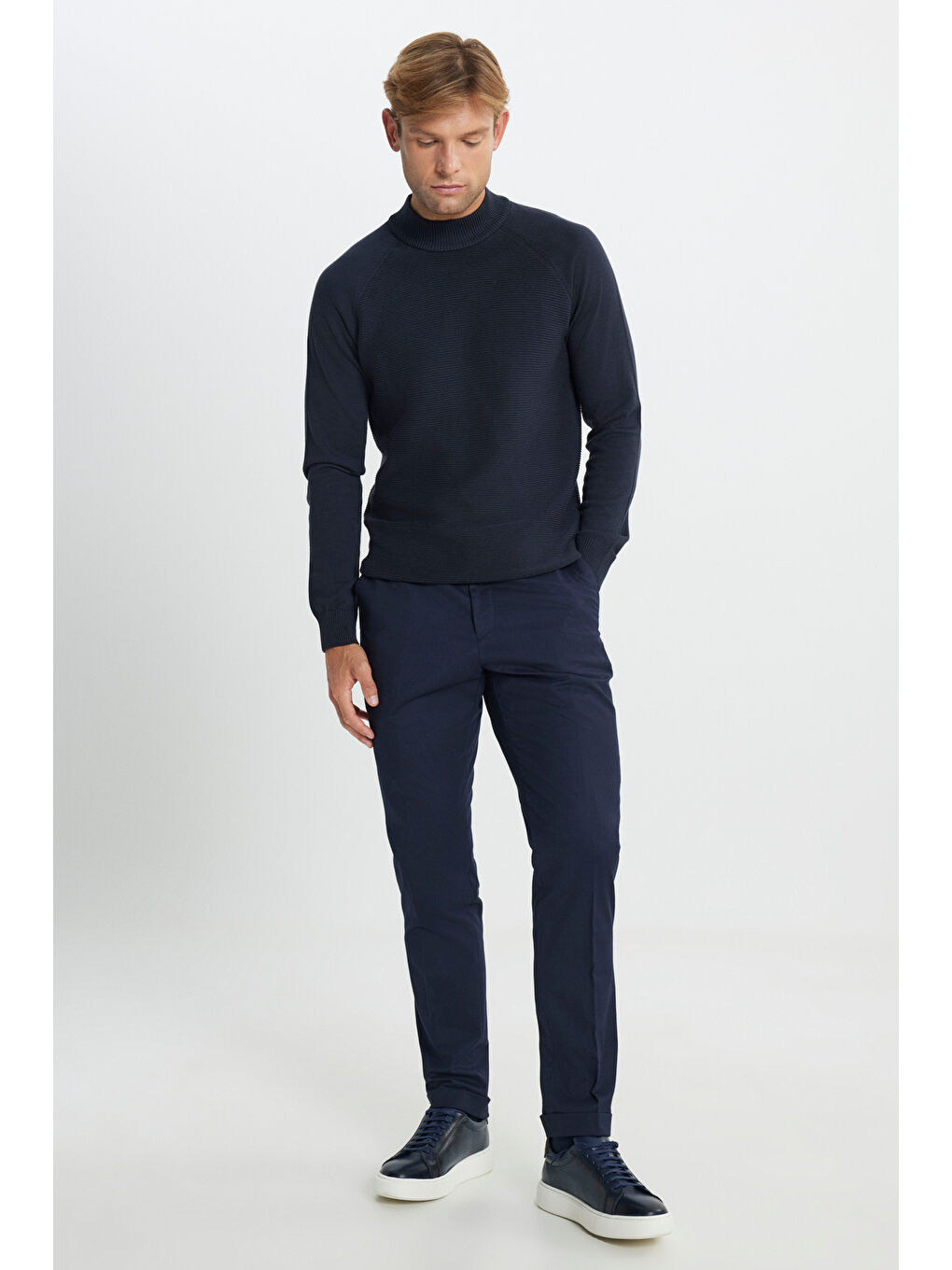 Erkek Lacivert Yünlü Flanel Slim Fit Dar Kesim Beli Gizli Lastikli Yan Cep Klasik Pantolon-2