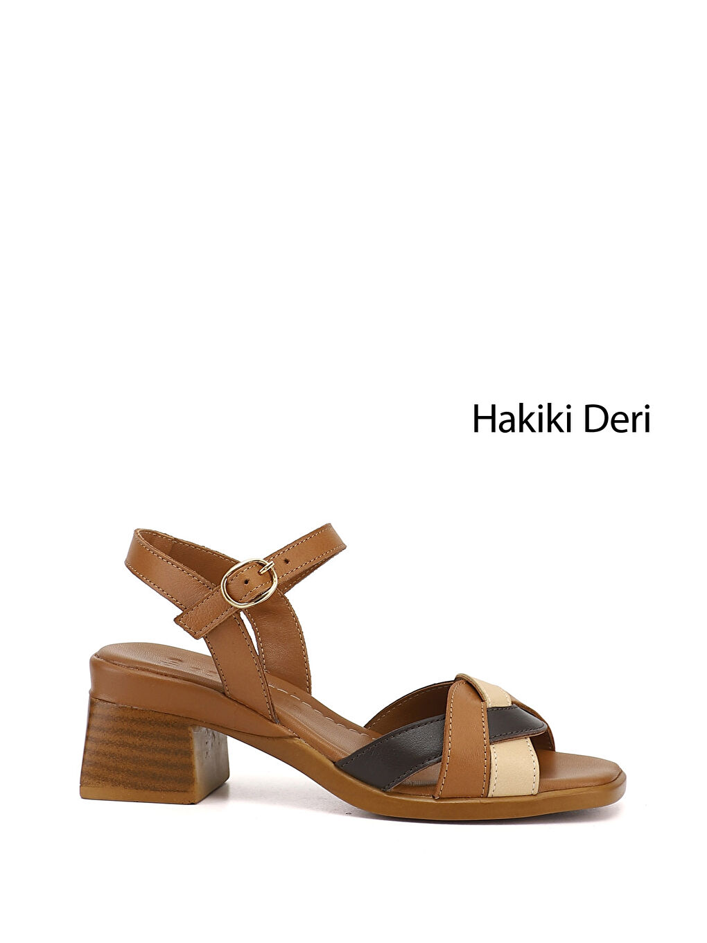 Kahverengi Kadın KAHVERENGİ-TABA Örgü Bantlı Kalın Topuklu Hakiki Deri Sandalet