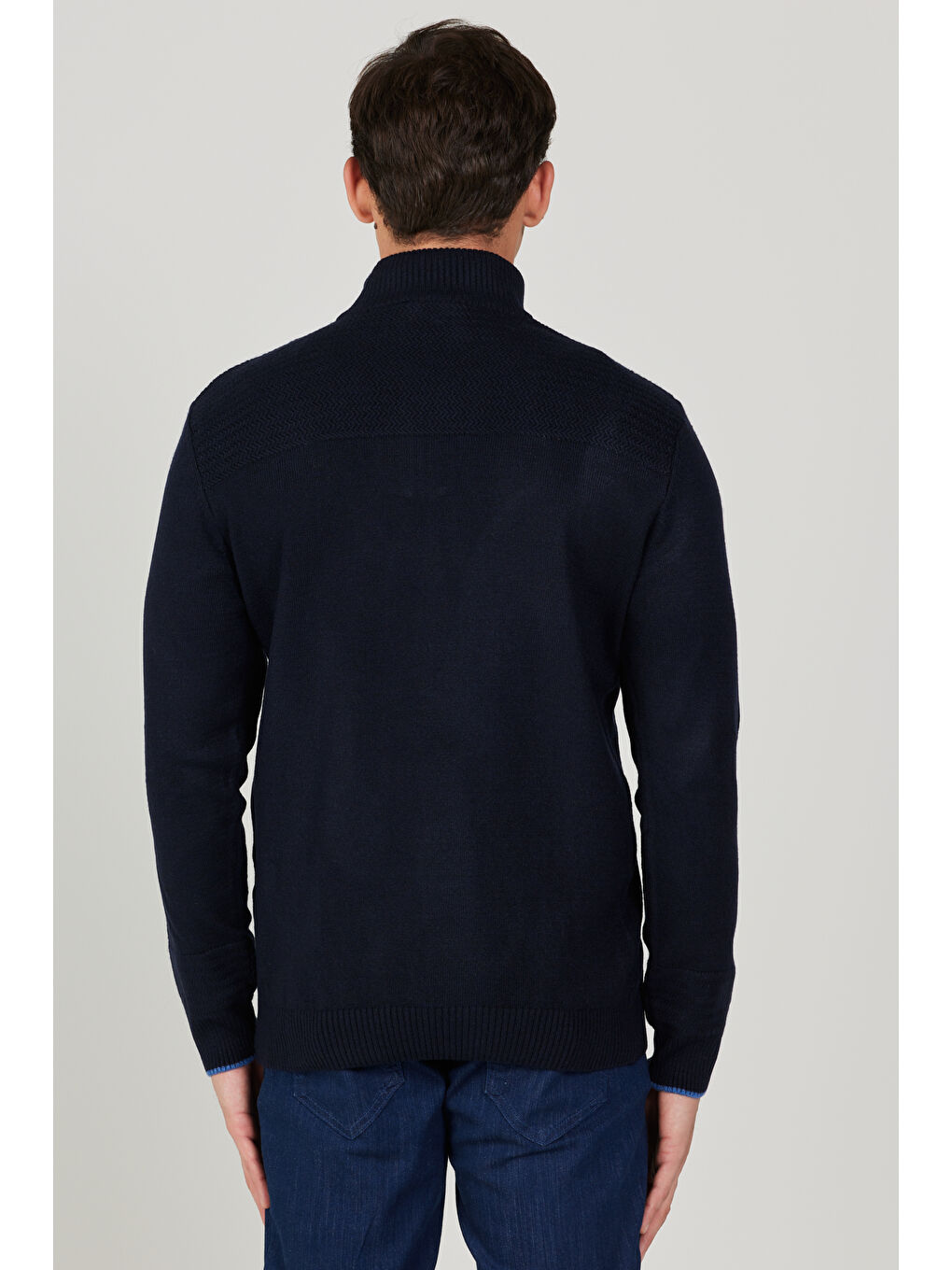 Erkek Lacivert Standart Fit Normal Kesim Bato Yaka Desenli Triko Kazak-6