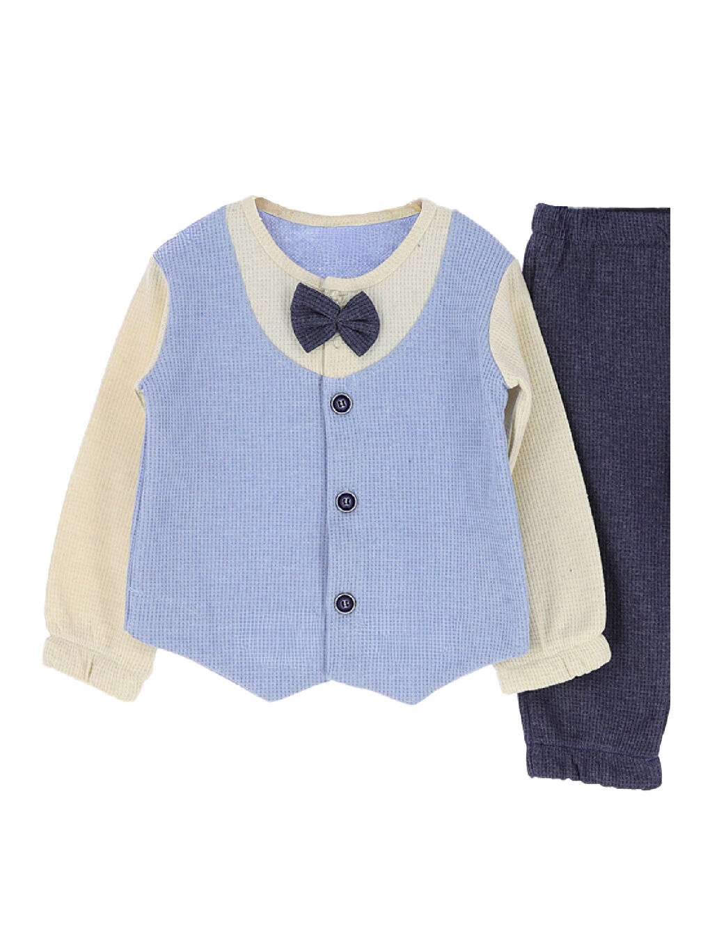 Mavi Erkek Bebek %100 Waffle Pamuk Kumaş 2'li Takım - 6/24 Ay-12478-1