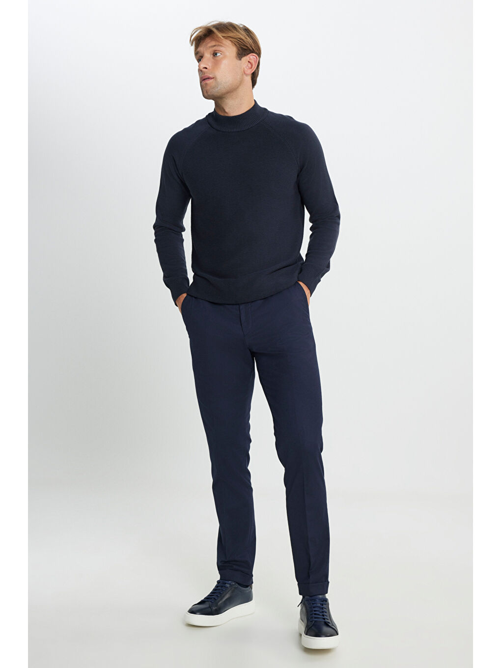 Erkek Lacivert Yünlü Flanel Slim Fit Dar Kesim Beli Gizli Lastikli Yan Cep Klasik Pantolon-3