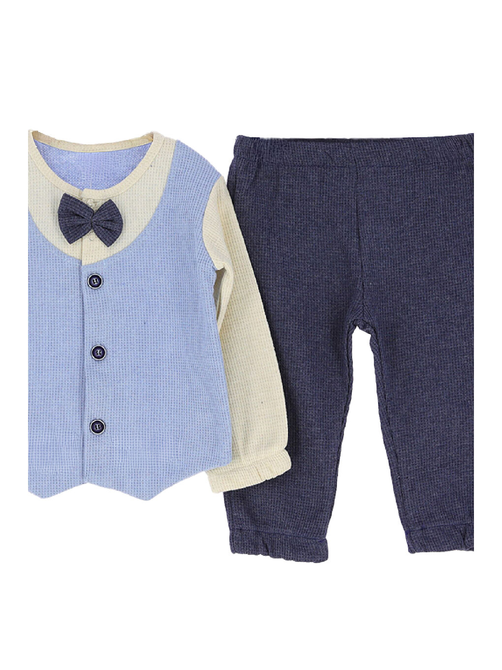 Mavi Erkek Bebek %100 Waffle Pamuk Kumaş 2'li Takım - 6/24 Ay-12478-2