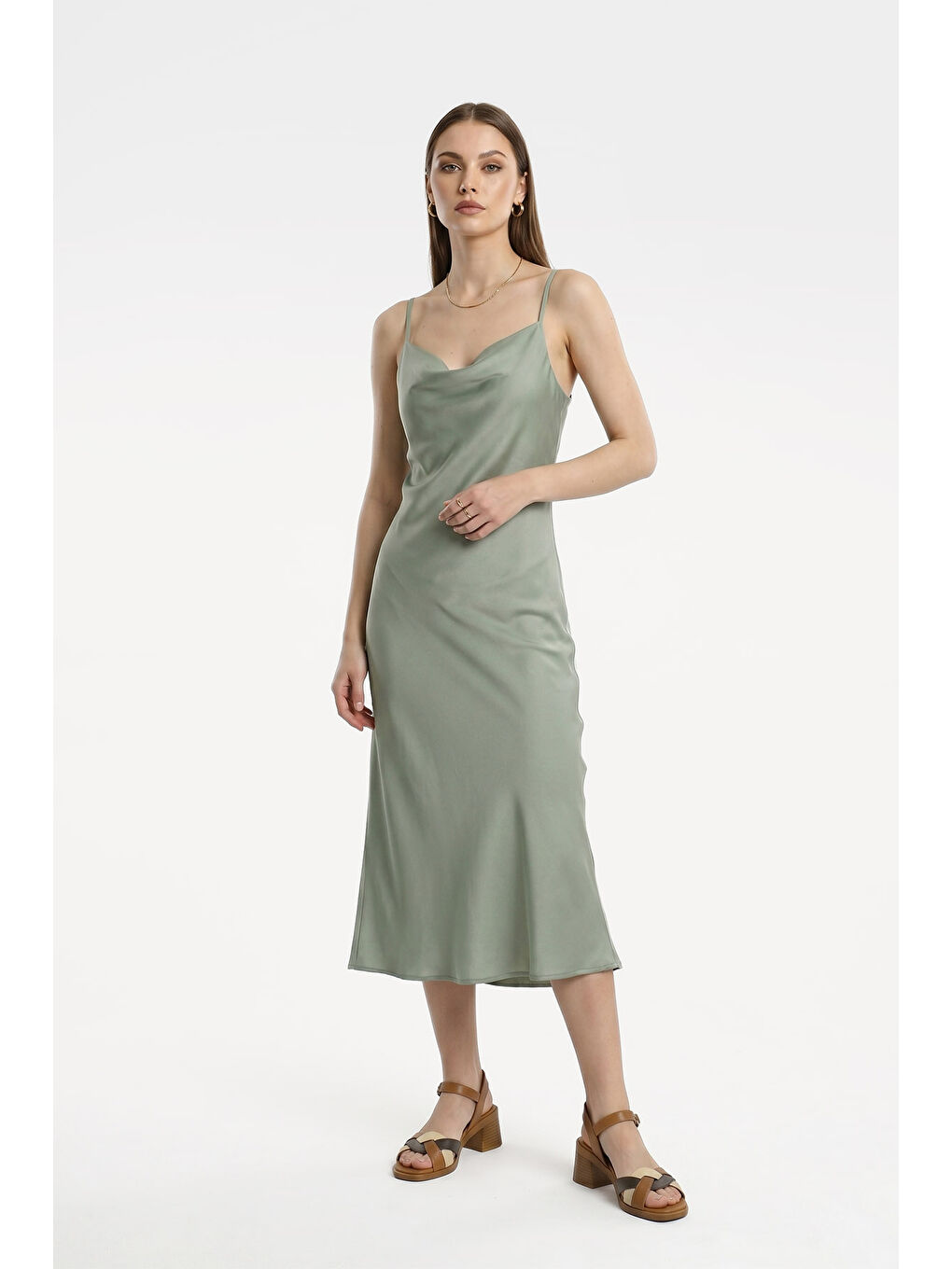 Kahverengi Kadın KAHVERENGİ-TABA Örgü Bantlı Kalın Topuklu Hakiki Deri Sandalet-2