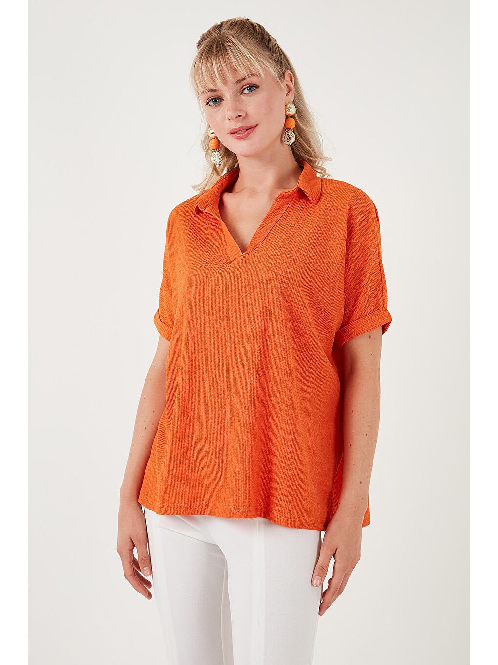 Lela Turuncu Polo Yaka Kısa Kollu Relaxed Fit Bluz 66904862S4 - 3