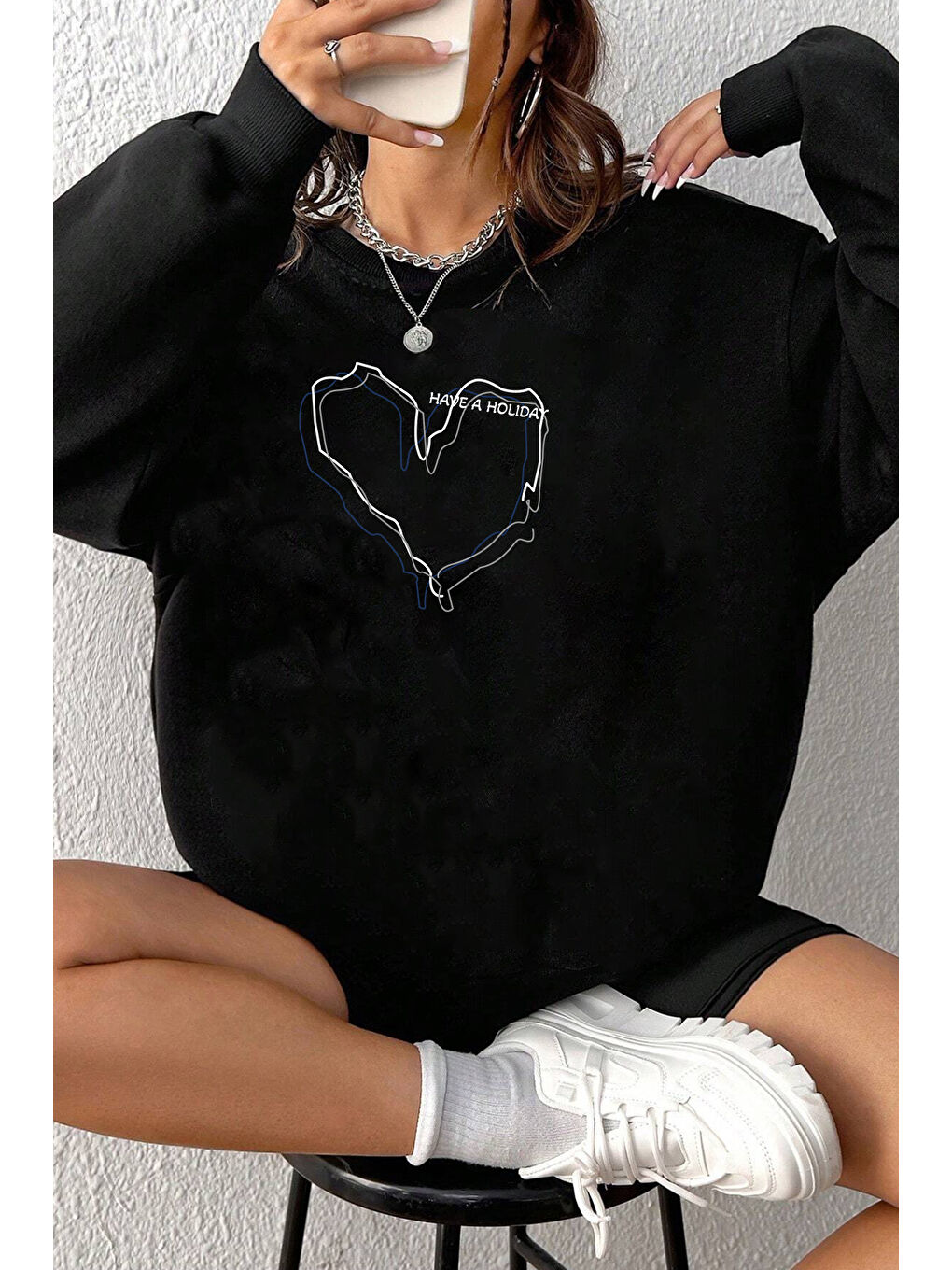 Siyah Unisex Holiday Baskılı Bisiklet Yaka Sweatshirt