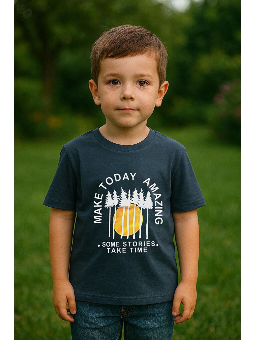 Erkek Çocuk %100 Pamuklu Baskılı Kısa Kollu Tişört - Petrol  (3-4 Yaş 8-9 Yaş)