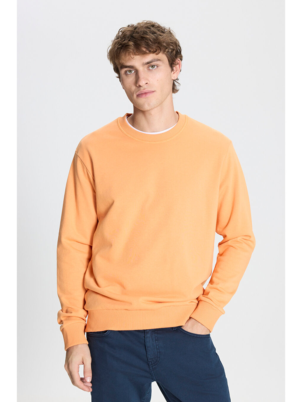 Erkek Açık Turuncu Standart Fit Normal Kesim Bisiklet Yaka Pamuklu Sweatshirt-2