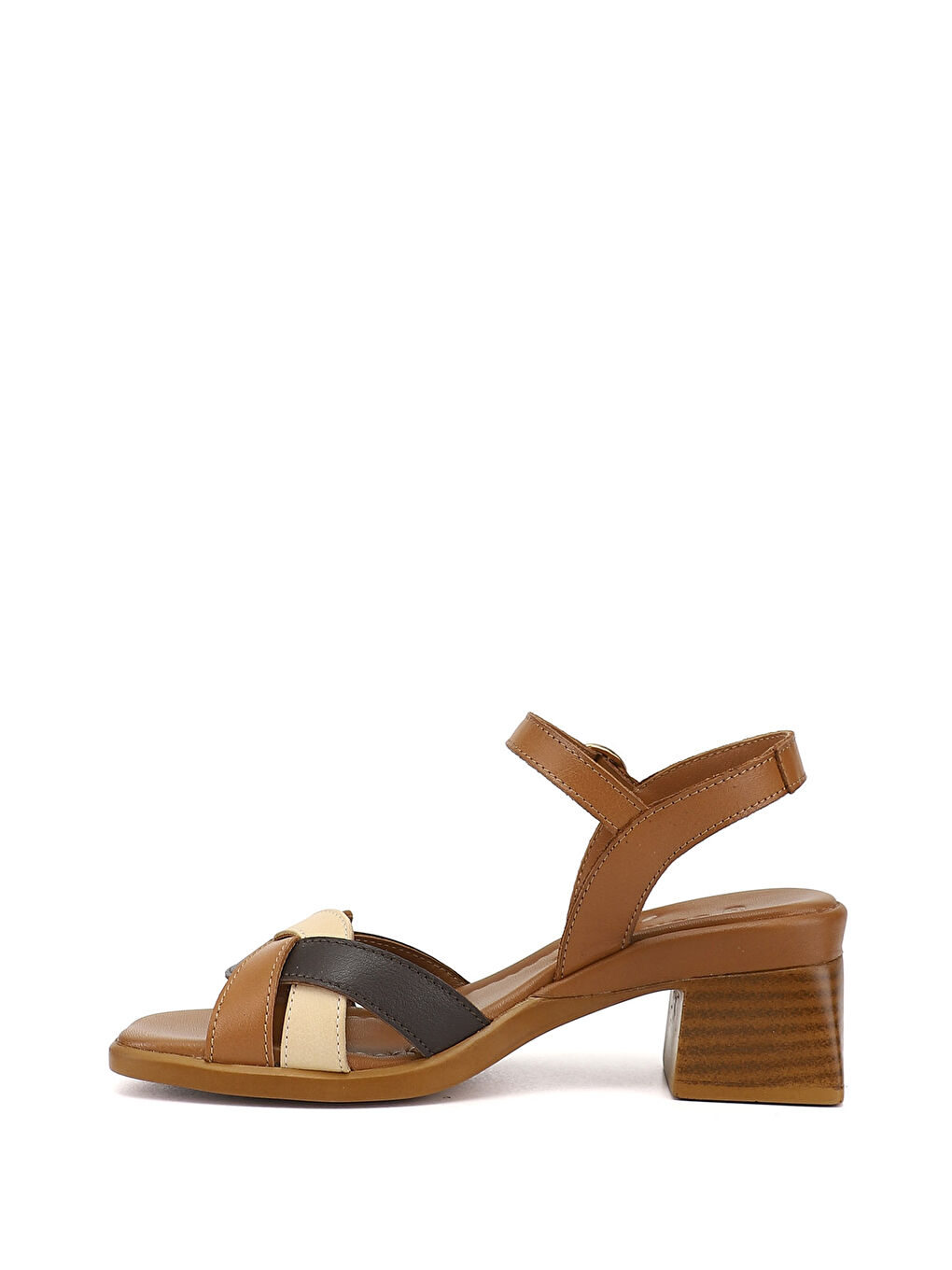 Kahverengi Kadın KAHVERENGİ-TABA Örgü Bantlı Kalın Topuklu Hakiki Deri Sandalet-4